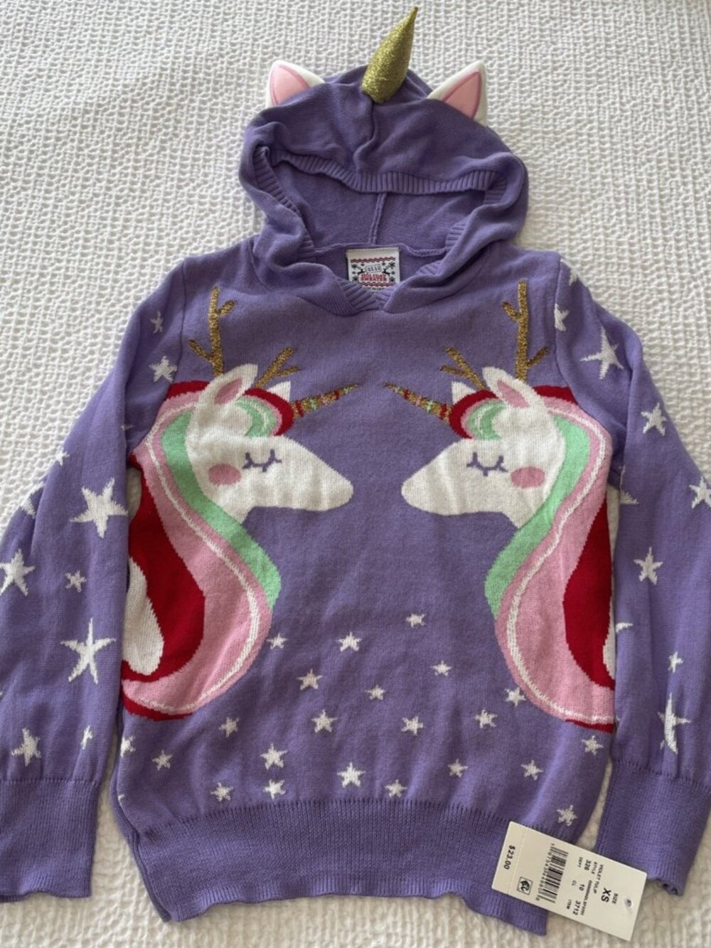 NWT Girls Purple Winter Unicorn Stars Sparkles Hoodie Sweater XS  4/5